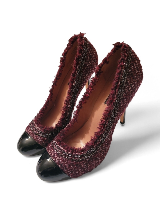 Ann Taylor Shoes - Ann Taylor Maya Burgundy Tweed Stilettos Patent Leather Cap Toe Chain-Trim Pumps